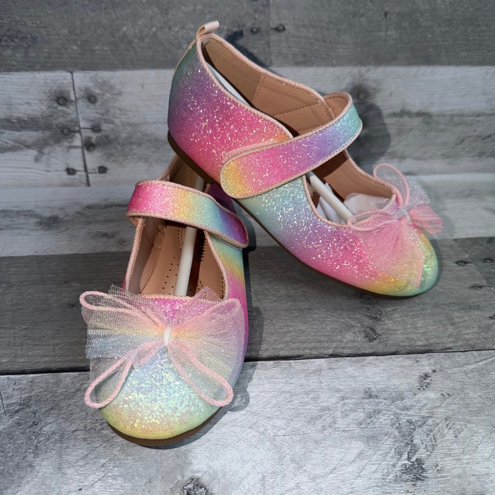 ADAMUMU Girls Rainbow Glitter Mary Jane Flats Tulle Bow Dress Shoes Size 12